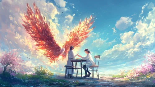 Painting of Two People with Fiery Wings