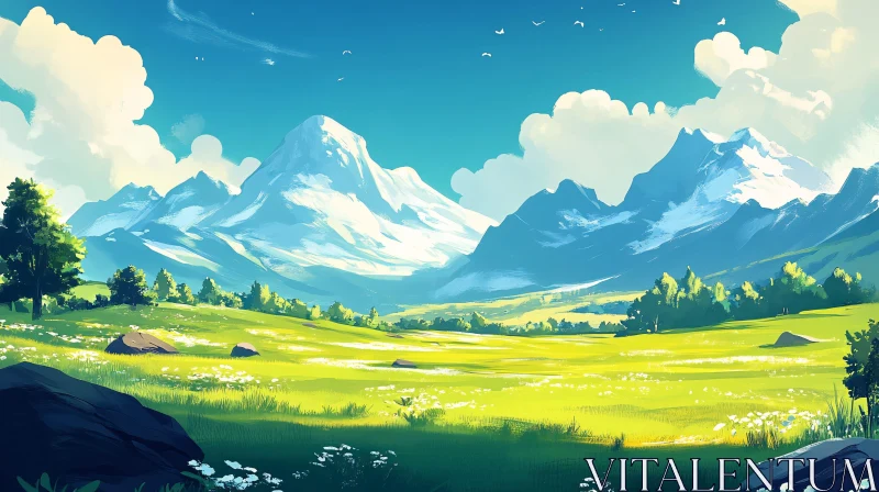 Peaceful Mountains and Meadow View