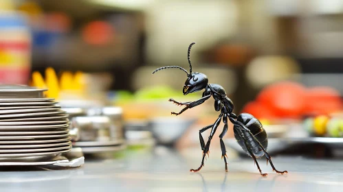 Detailed View of an Ant in a Kitchen Setting