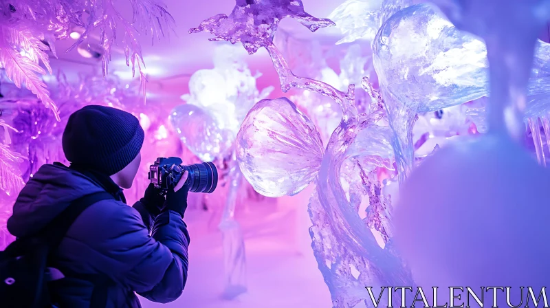 Photographer with Camera in Room of Glowing Ice Sculptures