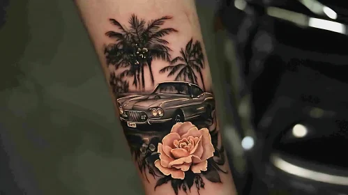 Classic Car and Palm Tree Tattoo with Rose