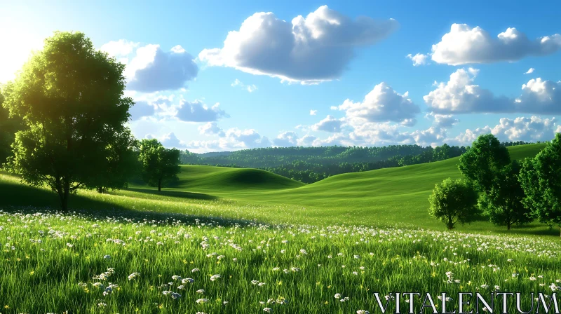 Scenic Meadow with Trees and Flowers