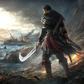 Medieval Warrior with Sword on Battlefield