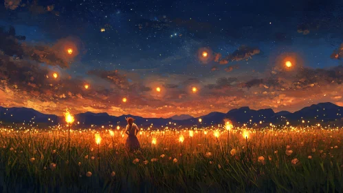 Night Meadow with Glowing Lights