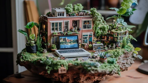 Detailed Miniature House with Laptop Display