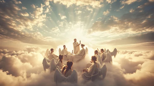 Heavenly Assembly of Angels in Clouds