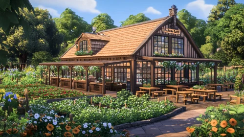 Rustic Cafe Surrounded by Blooming Garden