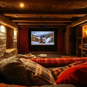 Inviting Home Theater with Stone and Wood