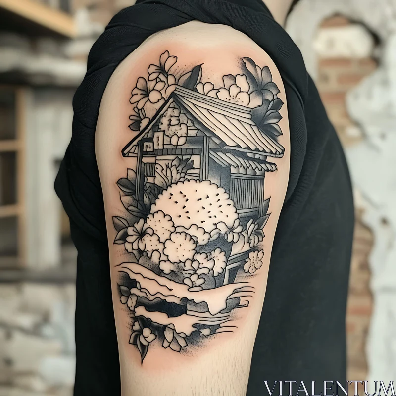 Japanese House Tattoo Design on Arm