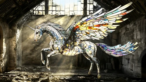 Winged Mosaic Unicorn in Abandoned Building