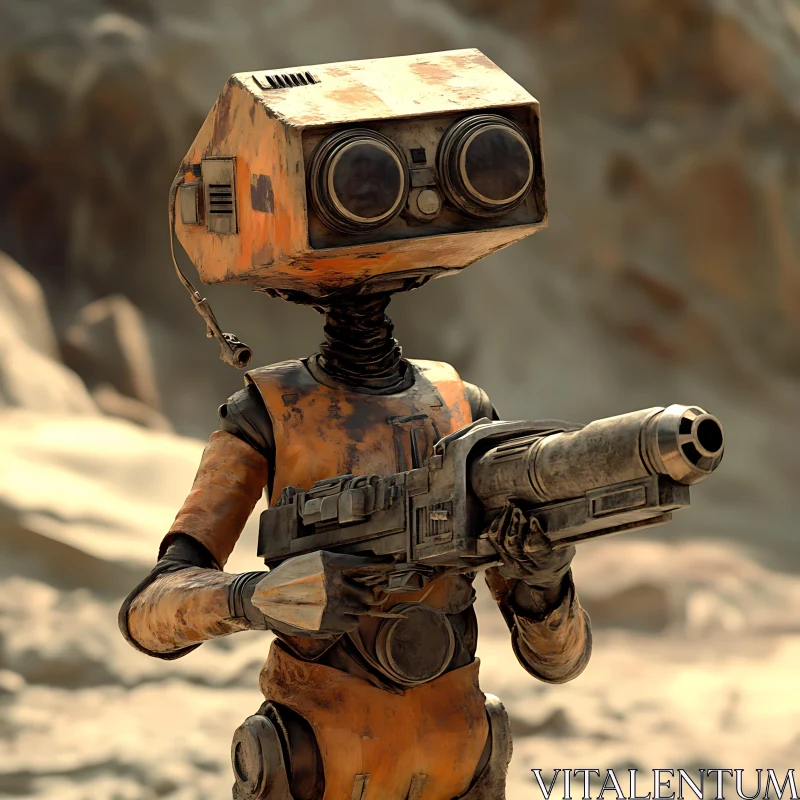 Vintage Robot with Weapon in Desert