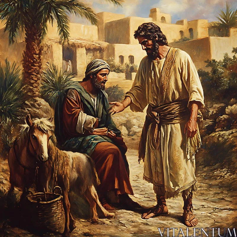 Men Conversing by a Donkey in Ancient Times
