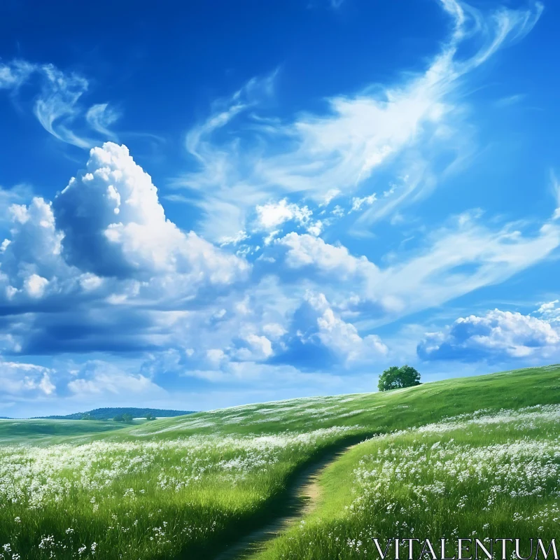 Green Field and Cloudy Sky