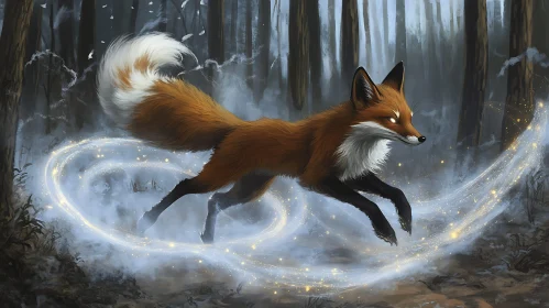 Fox Leaping Through Forest with Magic