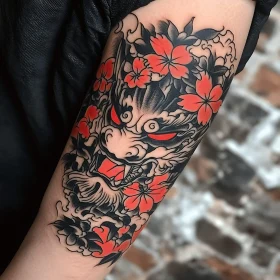 Bold Mythical Creature with Red Blossoms Tattoo