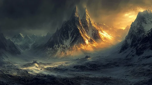 Golden Sunlit Mountains in Snowy Terrain