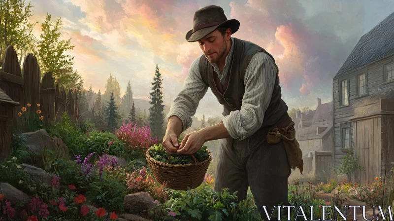 Man Gathering Herbs in Vintage Garden