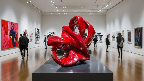 Modern Art Gallery with Central Red Sculpture