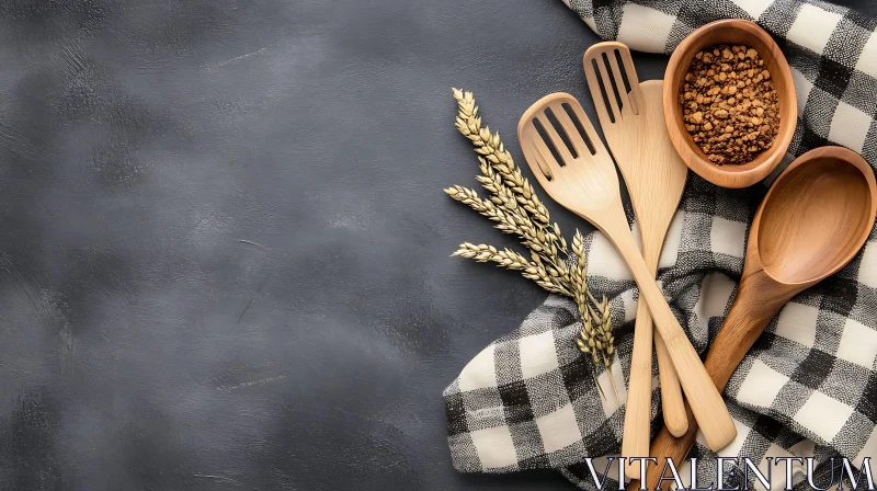 Wooden Cooking Utensils and Ingredients on Black and White Cloth