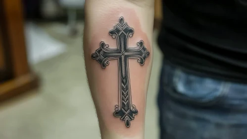Detailed Black and Grey Cross Tattoo on Arm