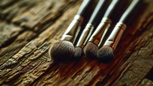 Close-up Makeup Brushes on Wooden Background