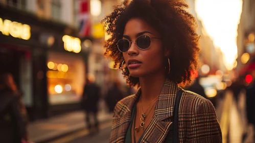 Confident Young Woman with Curly Hair in City Street