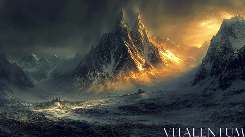 Golden Sunlit Mountains in Snowy Terrain
