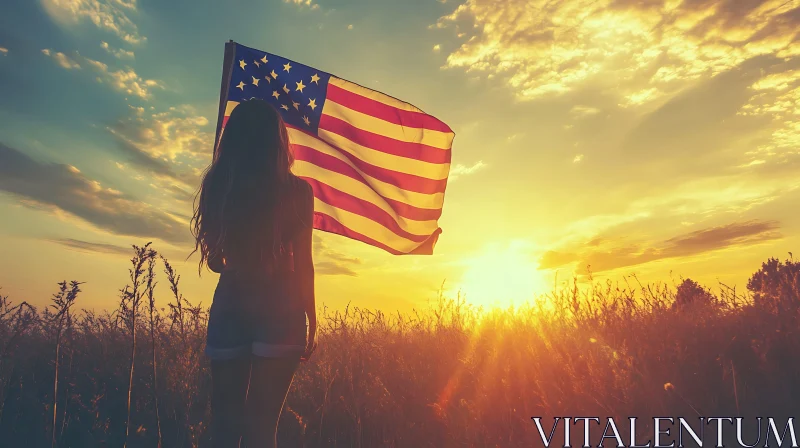 AI ART Sunset Silhouette: Woman Holding American Flag