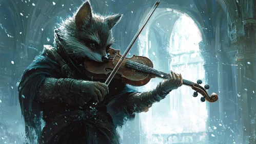 Fox Playing Violin in Snow