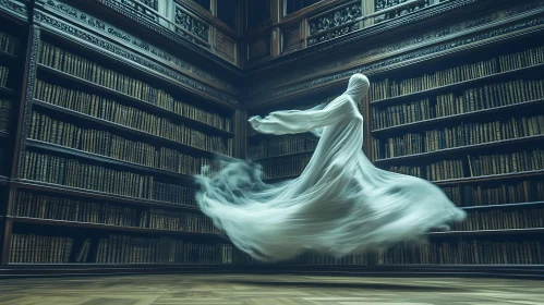 Ghostly Figure in Classic Library Setting