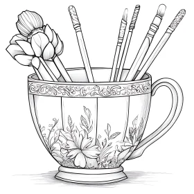 Artistic Teacup Drawing Holding Paintbrushes