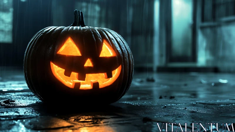Glowing Jack-o'-Lantern in the Rain