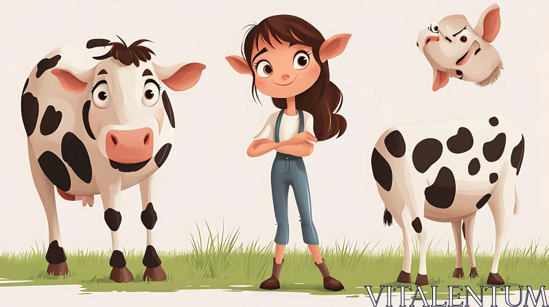 Girl and Cows Cartoon Illustration