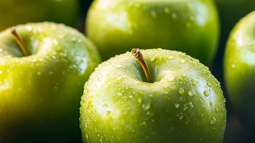 Green Apples with Dew Close-Up