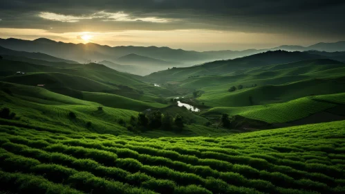 Emerald Tea Field at Sunset: A Tranquil Landscape