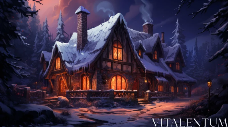 Enchanting Snowy House in 2D Game Art Style AI Image