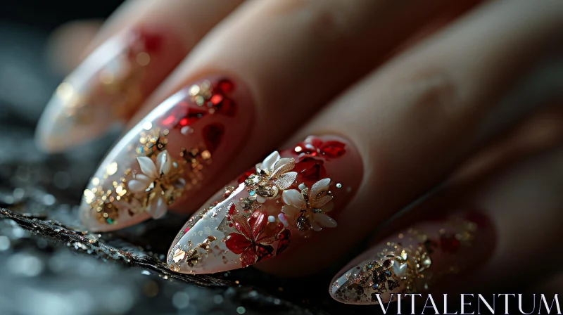 Exquisite Red and Gold Glitter Manicure with 3D Flowers and Rhinestones AI Image
