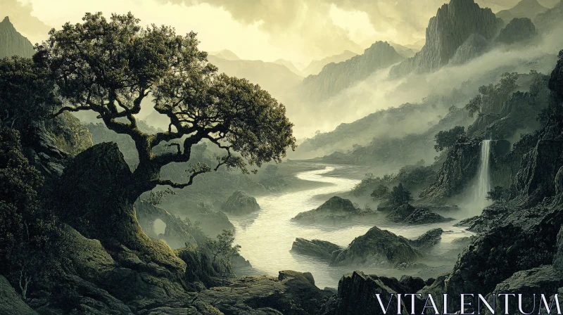 Serene Valley with Tree and Waterfall