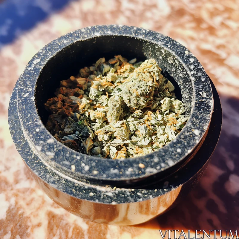 Marble Herb Grinder Filled with Crushed Herbs