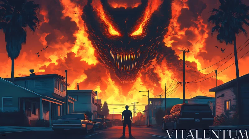 Fiery Monster Over Cityscape