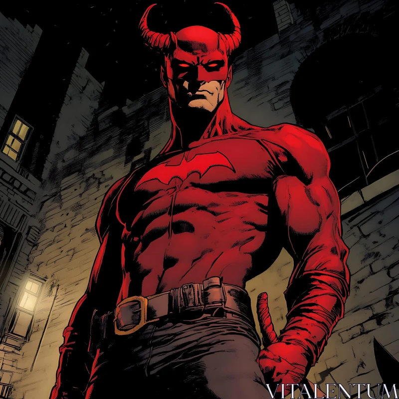 Red Superhero with Horns in Cityscape