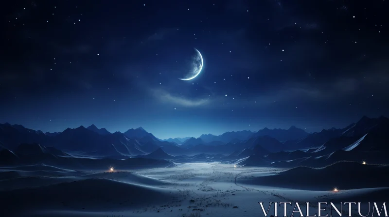 Moon Rises over Mountains: Mysterious Fantasy Landscape AI Image