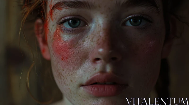 Serious Expression of a Red-Haired Girl with Green Eyes