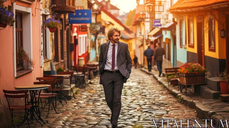 Stylish Man Walking Down Cobblestone Street in European City AI Image