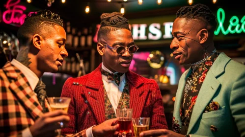Stylish Men Engaged in Conversation at a Neon-lit Bar
