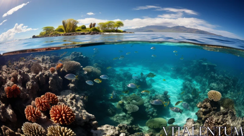 Underwater Ocean View Over Coral Reefs and Tropical Island AI Image