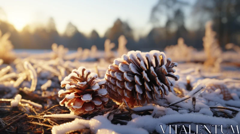 Winter Landscape: Pine Cones in a Snowy Field under a Golden Light AI Image
