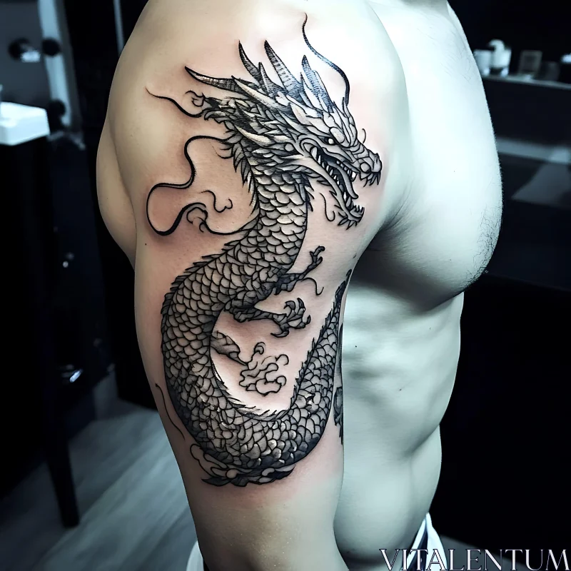 Detailed Black and Grey Dragon Tattoo AI Image