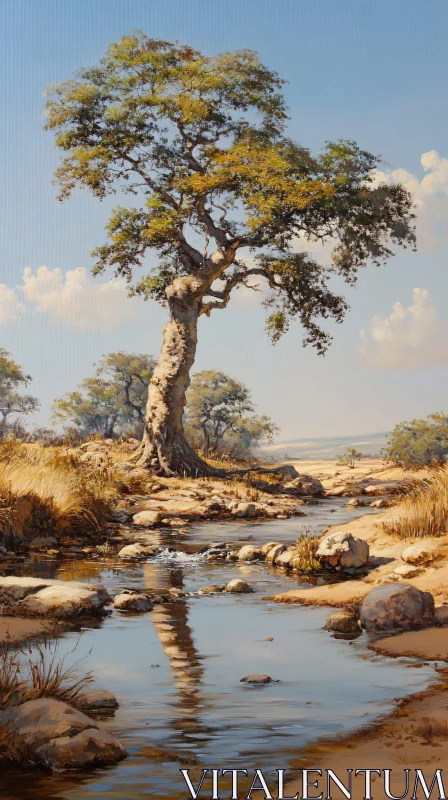 AI ART Peaceful Nature Scene with Tree and Stream