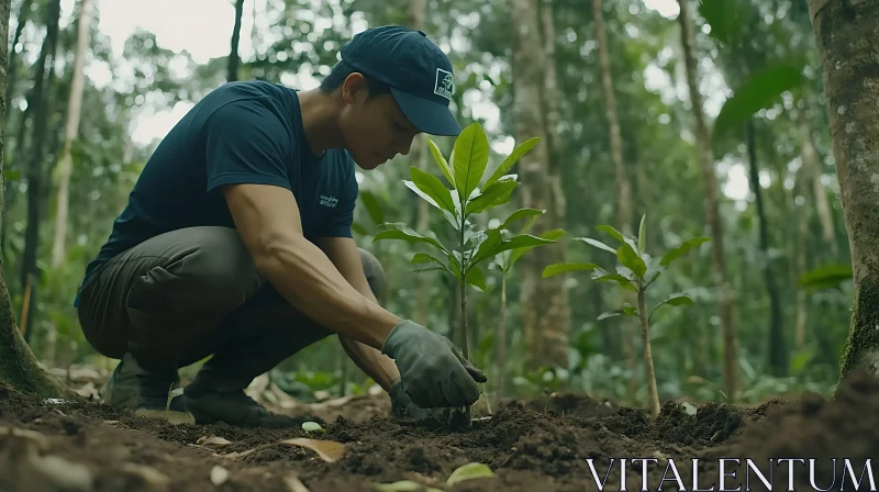 Man Planting Tree in Forest AI Image